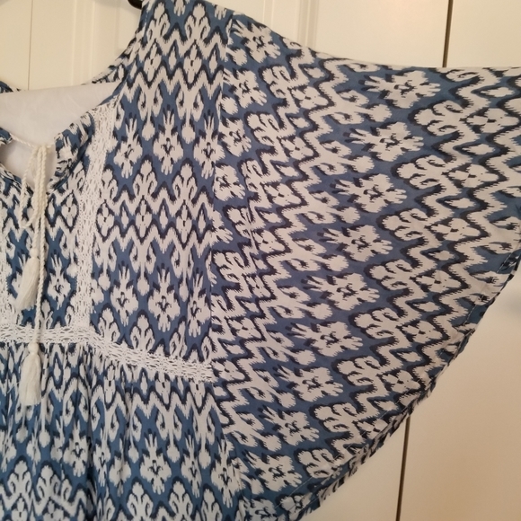 Beachlunchlounge blue white tassel tie neckline flutter sleeve SZ Med - Picture 4 of 5
